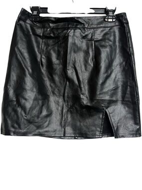 New‎ Lulus Black Vegan Leather Mini Skirt with Front Slit